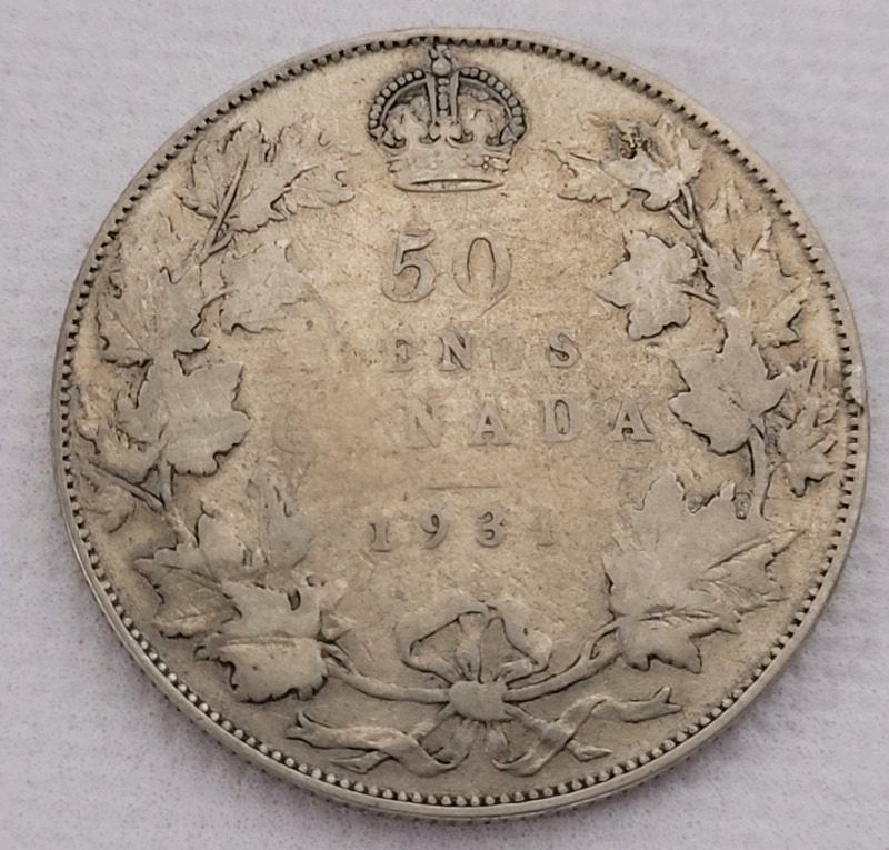 1931 Canadian Silver George V 50 Cent Half Dollar
