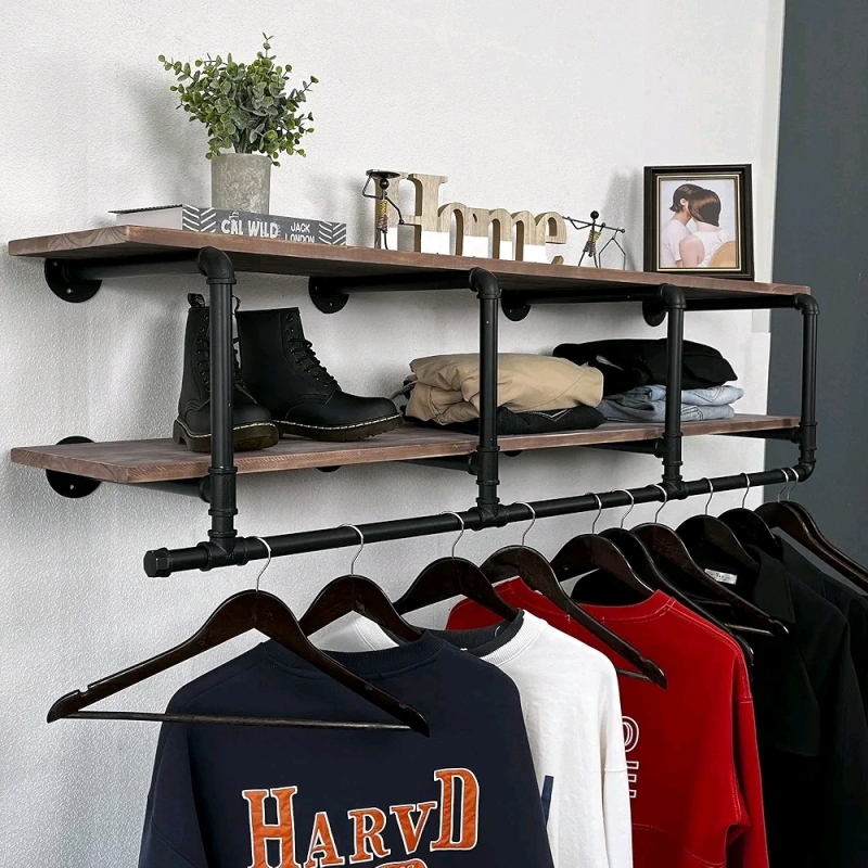 New 60" Industrial Pipe Clothing Rack with Top Shelf