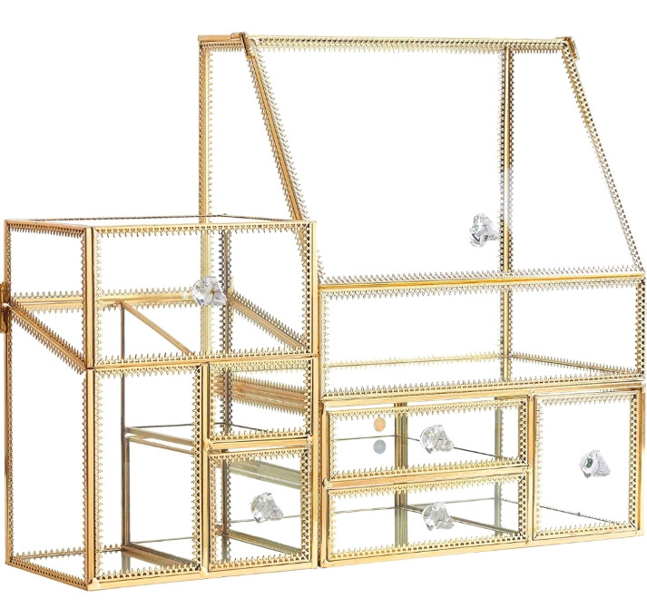 New - Hersoo Glass Gold Bathroom Organizer/Stackable 2pc Drawer Set