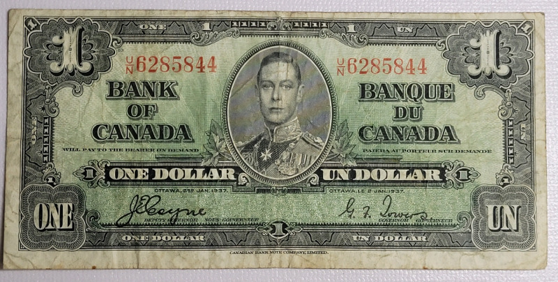 1937 Canadian One Dollar Bank of Canada Bank Note . Coyne / Towers