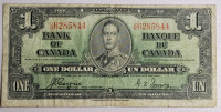 1937 Canadian One Dollar Bank of Canada Bank Note . Coyne / Towers