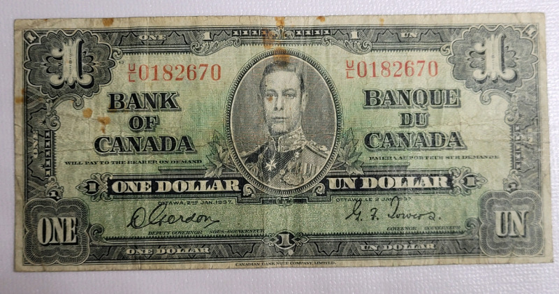 1937 Canadian One Dollar Bank of Canada Bank Note . Gordon / Towers