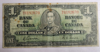 1937 Canadian One Dollar Bank of Canada Bank Note . Gordon / Towers