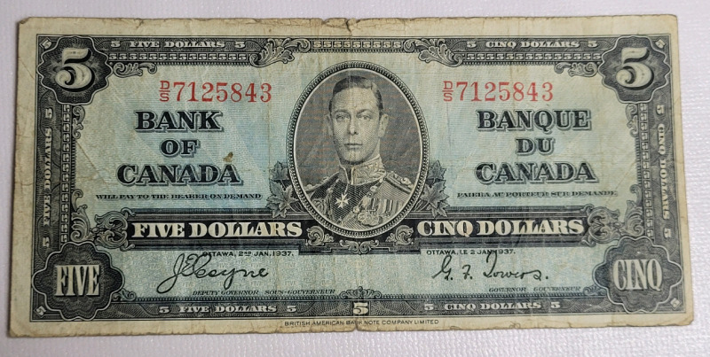 1937 Canadian Five Dollar Bank of Canada Bank Note . Coyne / Towers