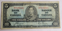 1937 Canadian Five Dollar Bank of Canada Bank Note . Coyne / Towers