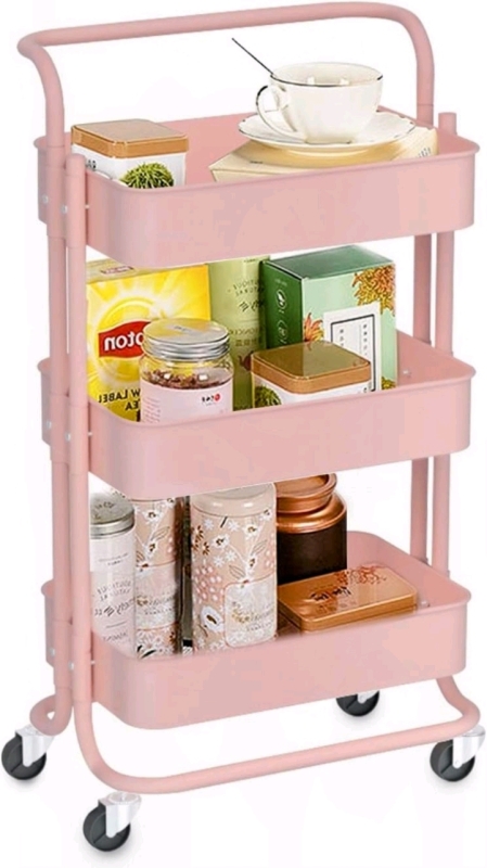 New Ekkio Kitchen Trolley Cart 3 Tier Max. Load Weight Per Basket 25kg, Pink