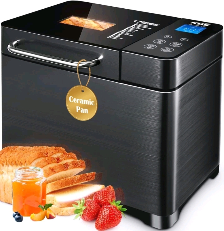 New KBS 17-in-1 Bread Maker-Dual Heaters, 710W Bread Machine Stainless Steel w Ceramic Pan & Touch Panel, 3 Loaf Sizes 3 Crust Colors