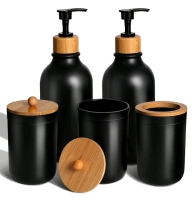 New 5pcs Black Matte Plastic Bathroom Set With Bamboo Lids