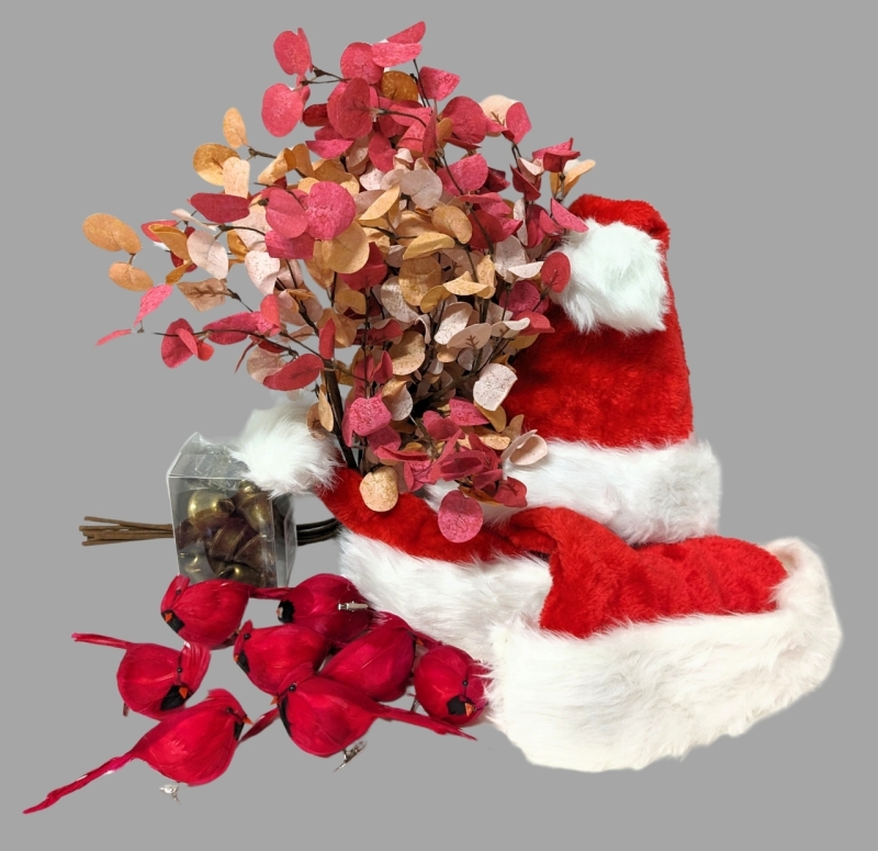 New Crafting and Decorating Lot: Clip-On Faux Cardinals, Metal Bells, Felt-Like Artificial Foliage & Santa Hats