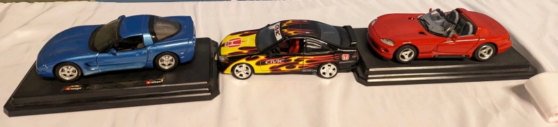 3 Diecast Model Metal Cars - Honda, Dodge, Corvette