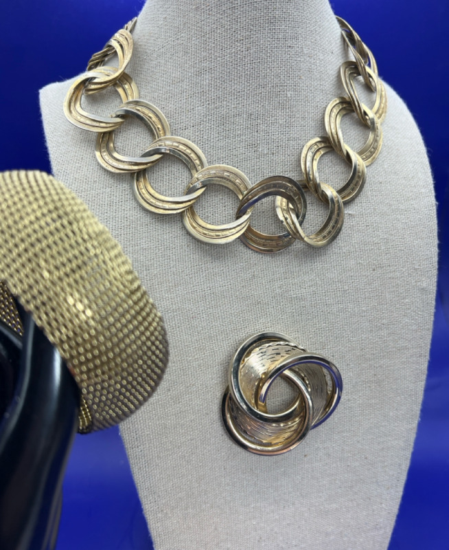 Statement Triple Ring Choker Wide Mesh Bracelet Circle Brooch