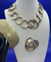 Statement Triple Ring Choker Wide Mesh Bracelet Circle Brooch