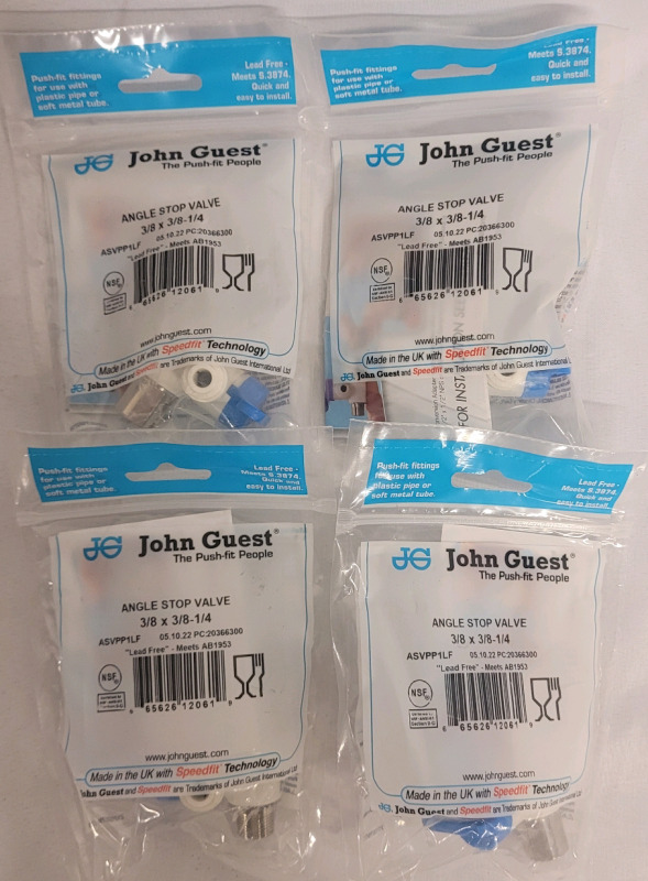 4 New John Guest 3/8"&times;3/8"&times;1/4" Angle Stop Valves