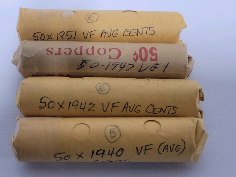 1940 - 1951 Canadian Penny Rolls . 1940 , 1942 , 1947 & 1951 One Roll for Each Year