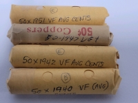 1940 - 1951 Canadian Penny Rolls . 1940 , 1942 , 1947 & 1951 One Roll for Each Year