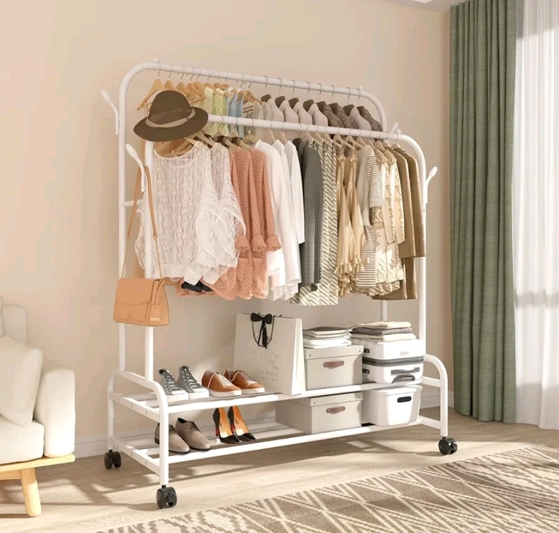 New Antiwar Sturdy Metal Double Rodding Clothes Rack With Wheels