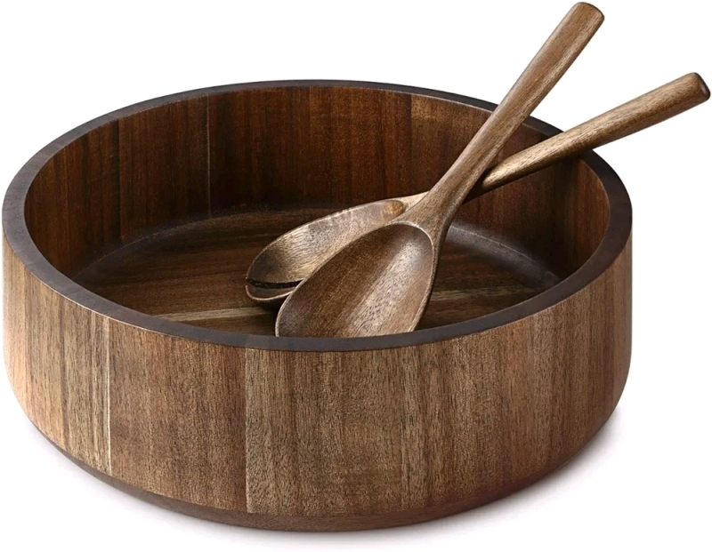 New - Miusco Natural Acacia Wooden Large Salad Serving Bowl with Tongs Set