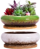 New ARTKETTY 2 Pack Large Low Ceramic Succulent Planter Bowls / Bonsai Pots with Bamboo Trays & Drainage 7.3 Inch Diameter