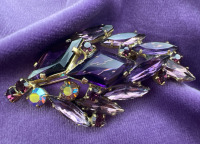Amethyst Rhinestone and Glass Brooch with 2 AB stones