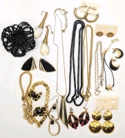 Bright Gold Tone & Glossy Black Vintage Jewelry: Necklaces, Earrings, Brooch & Bracelets