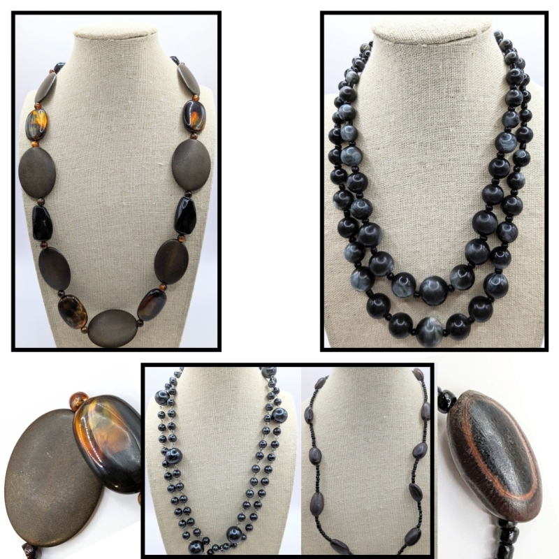 Vintage Wood & Black & Smokey Bead Necklaces.