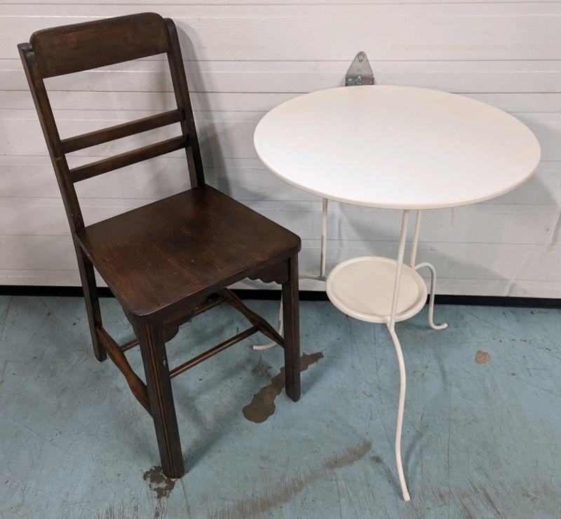 Metal 2-Tier Table And Vintage Wooden Chair.