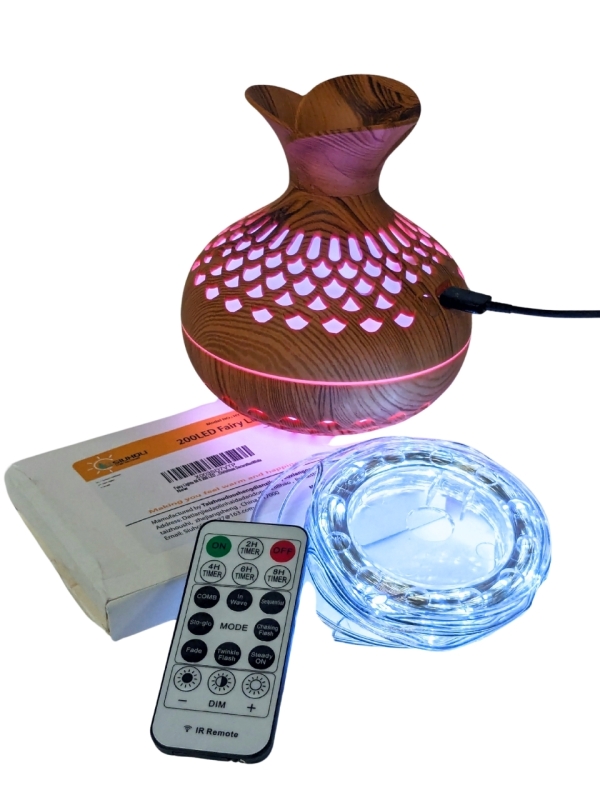 New 300ml Light-Up Flower Humidifier/ Diffuser & 200 LED Fairy Lights with Remote Control (USB Powered)