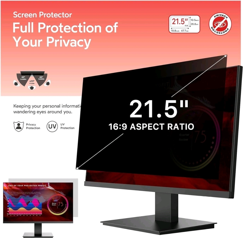 New BERSEM 21.5 inch Removable Computer Privacy Screen Filter for 16:9 Ratio Monitor [Anti-Spy] [Anti-Glare] [Anti-Scratch] [UV-Blocking]