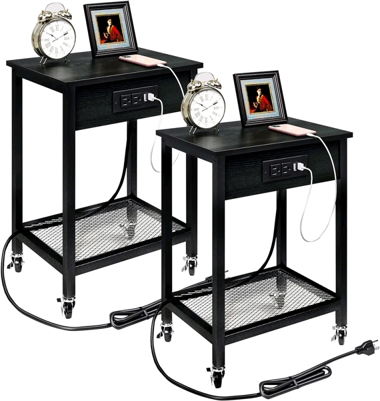 New - TC-HOMENY End Table w/Charging Station & USB Ports, Side Table with Wheels & Storage Shelf
