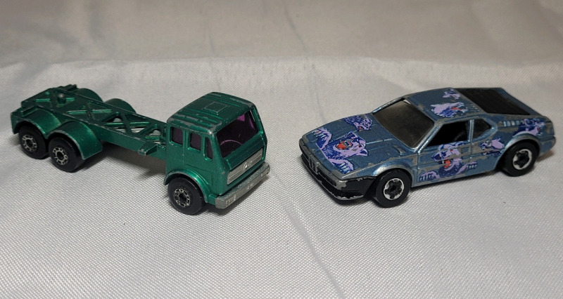 Vintage Lesney & Hot Wheels Diecast Cars . Mercedes Container Truck & BMW M1