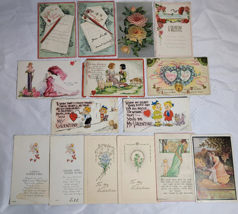 Vintage Valentines Day Postcards , 15 Cards . Used & Unused