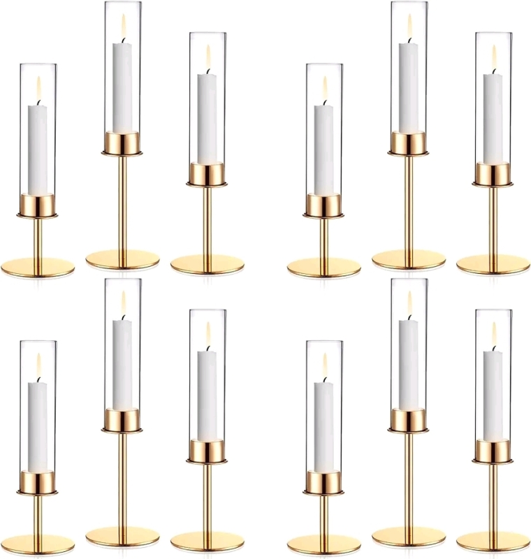 New - Hushee 12pc Hurricane Glass Candle Holder , Taper Gold Candlestick Holder