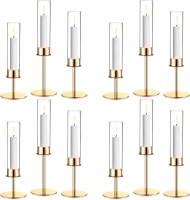 New - Hushee 12pc Hurricane Glass Candle Holder , Taper Gold Candlestick Holder