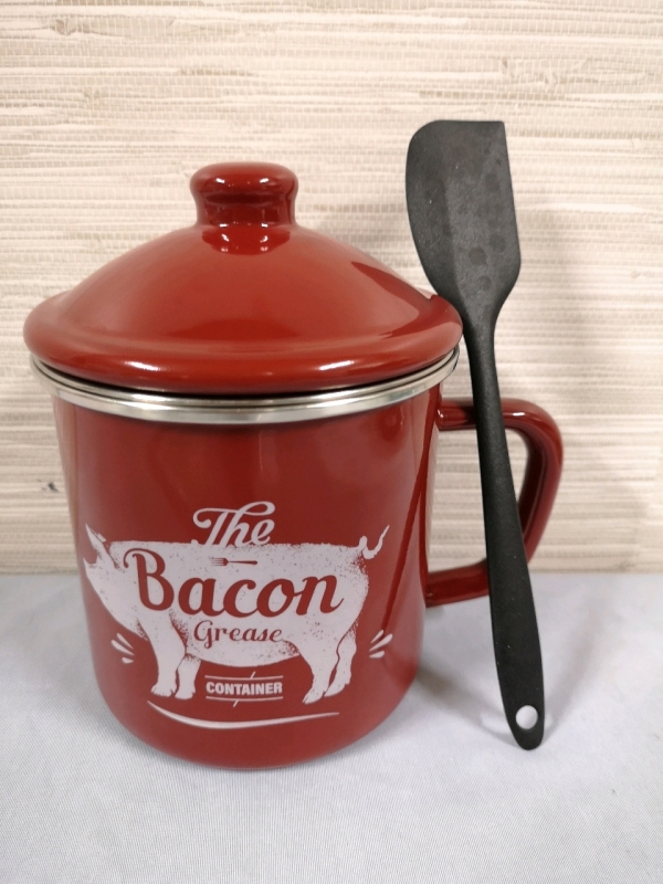 Enamel Bacon Grease Container with Spatula