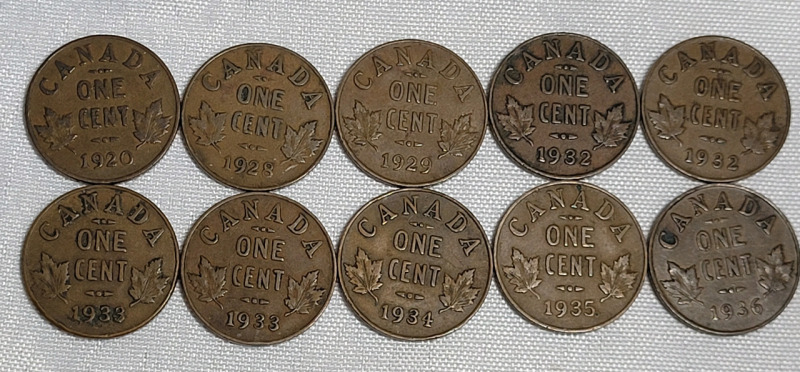 1920 - 1936 Canadian King George V Penny Lot , 10 Coins
