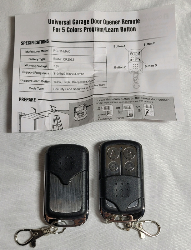 New - Universal Garage Door Opener Remotes , 2 Remotes