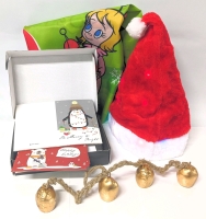 New CHRISTMAS Lot: Light-Up Santa Hat, Bells, Long Grinch / Whoville Banner & Xmas Cards