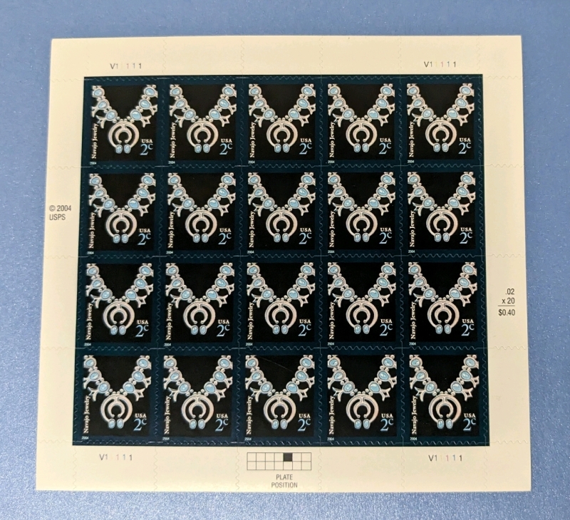 2004 US Postal ' Navajo Jewelry ' 2 Cent Postage Stamp Panel - 20 Stamps