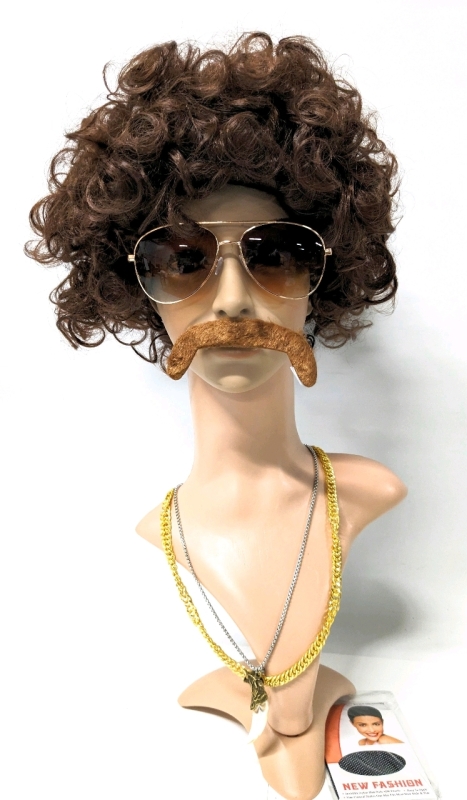 Fantastic DISGUISE KIT with Wig, Wig Cap, Aviator Sunglasses, Necklaces and Fake Moustache