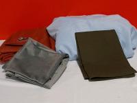 New Linen Mix 1 Baby Blue KS Fitted Sheet 2 Gray Velvet Pillow Covers 1 Green Pillow Cover 2 Rust Drapery Panels