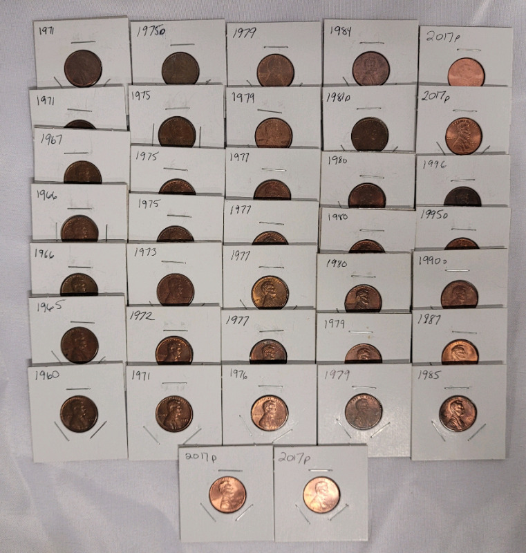 1960 - 2017 P USA Pennies , 37 Pennies in 2×2 Coin Holders