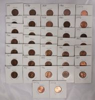 1960 - 2017 P USA Pennies , 37 Pennies in 2×2 Coin Holders