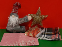 New Christmas Lot A Gnome That Can Be Wrapped Around Pole or Staircase 1 Tree Topper 3 Pink Placements 1 29 x 19" Pillow Cover and a Bag of Small Brass Bells with Ribbon