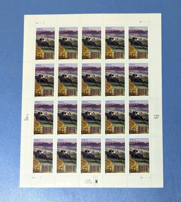 2003 US Postal ' 1803 Ohio ' 37 Cent Postage Stamp Panel - 20 Stamps