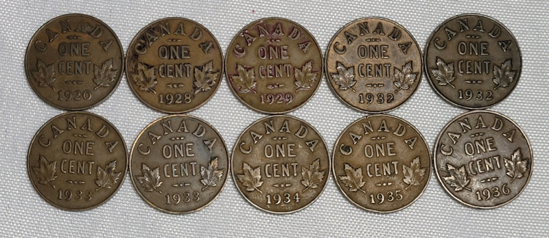 1920 - 1936 Canadian King George V Penny Lot , 10 Coins