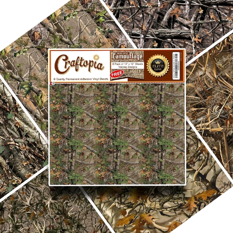 New Craftopia Permanent Adhesive Vinyl Sheets: Realistic Camouflage (6 Pack of 12" x 12" + Bonus 9" x 12")