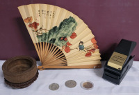 Junk Drawer Lot : Asian Fan , Wood Bowl w/Stand , Personal Embosser & Tokens