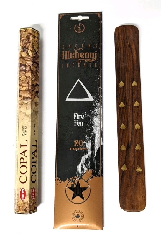 New INCENSE: Hem Copal (20 Sticks) + Encens Alchemy FIRE Incense (20 Sticks) & Wood + Inlaid Copper Hearts Incense Burner