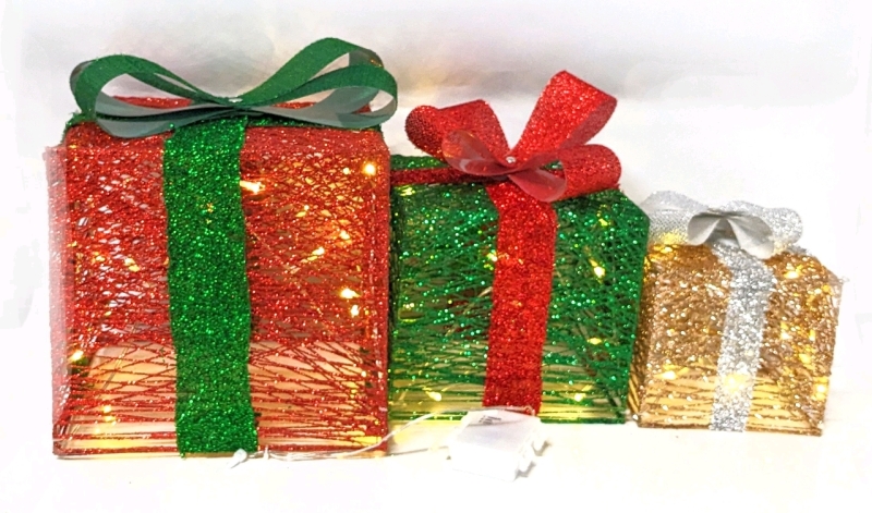 Trio of Light-Up LED Glittery Christmas Boxes with Bows