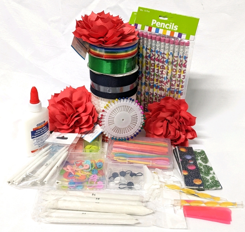 Assorted Crafts: Ribbon, Faux Lotus, White Glue, Pencils, Smudgers, Stitch Markers +